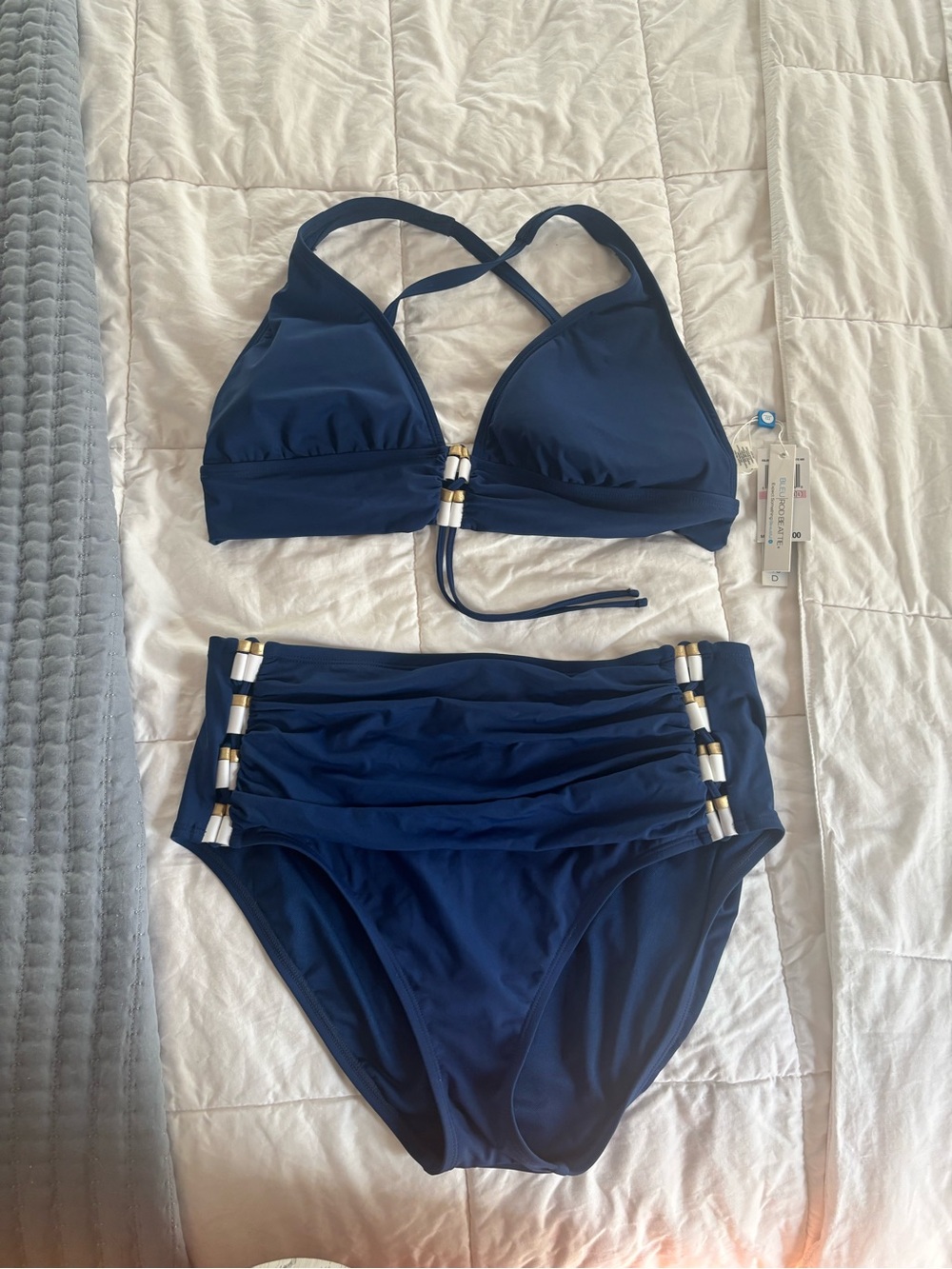 Bleu Rod Beattie Deep Blue High-Waist Bikini with Gold Accents top 40D 12 bottom